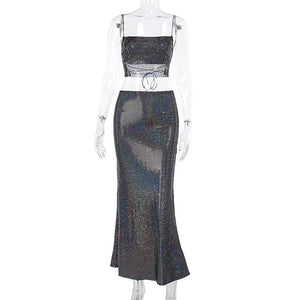 Shiny Black Sequin Two-Piece Dress Set with Lace-Up Backless Tube Top and Long Skirt