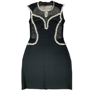 Black Mesh and Diamond Embellished Sleeveless Mini Dress with Round Neck