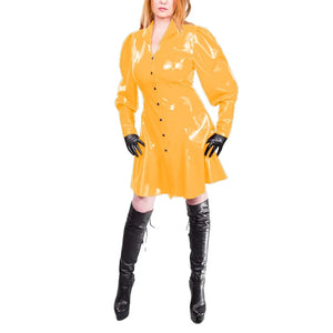 Multi-Color Shiny PVC A-Line Mini Dress with Puff Sleeves and Buttons Faux Latex Lapel Collar V Neck Streetwear Party Dress