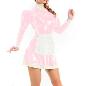 Unisex Shiny PVC Leather Maid Dress with White Apron Cosplay Costume Long Sleeves Turn-down Collar Multi-Color 7XL