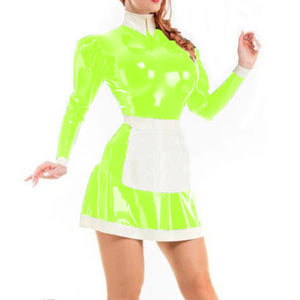 Unisex Shiny PVC Leather Maid Dress with White Apron Cosplay Costume Long Sleeves Turn-down Collar Multi-Color 7XL