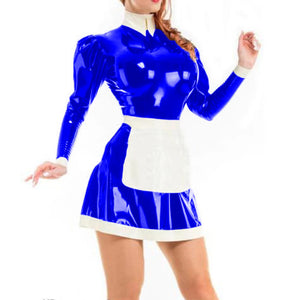 Unisex Shiny PVC Leather Maid Dress with White Apron Cosplay Costume Long Sleeves Turn-down Collar Multi-Color 7XL