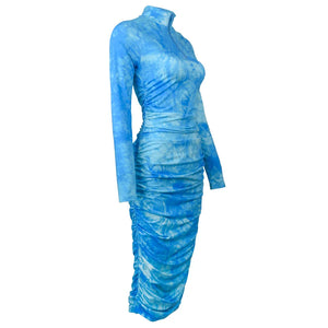 Sky Blue Tie Dye Mock Neck Midi Dress with Zippered Long Sleeves and Ruched Detail