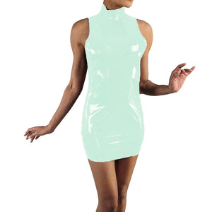 Sleeveless PVC High Neck Bodycon Mini Dress with Full Back Zipper for Women Clubwear Nightclub Costume Available in Multi-Color