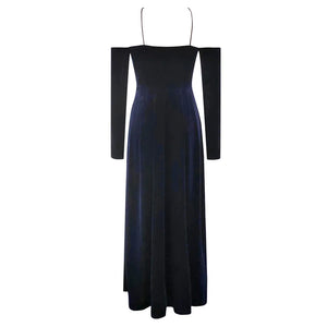 Elegant Velvet Off-the-Shoulder Long-Sleeve Dress with Neck Strap Detail