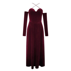 Elegant Velvet Off-the-Shoulder Long-Sleeve Dress with Neck Strap Detail