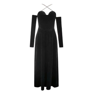 Elegant Velvet Off-the-Shoulder Long-Sleeve Dress with Neck Strap Detail