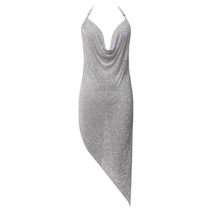 Sparkling Crystals Embellished Slit Asymmetrical Backless Slip Dress With U-Shaped Draped Neckline And Jeweled Straps Chains