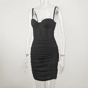 Structured Sheer Mesh Mini Dress with Underwire and Adjustable Straps, Hidden Back Zipper