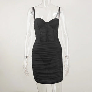 Structured Sheer Mesh Mini Dress with Underwire and Adjustable Straps, Hidden Back Zipper