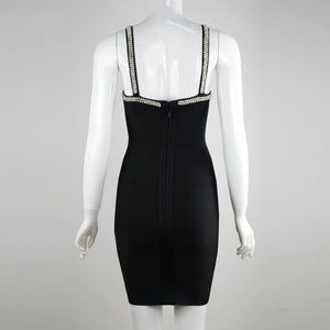 Elegant Black Mini Dress with Crystal Trim, V-Neck Rhinestone Bandage Bodycon for Summer