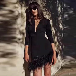 Black Feather-Trimmed V-Neck Long Sleeve Bodycon Mini Dress for Evening Events