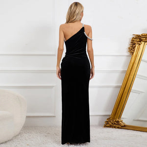 One-Shoulder Rhinestone Velvet Dress with High Split and Hollow Accents