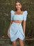 Women's Blue Two-Piece Dress Set with Puff Sleeve Crop Top and Asymmetric Mini Skirt