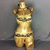 Belly Dance Costume Womens Gold Beaded Halter Bra Top and Hip Scarf with Floral Applique and Fringe for Performance