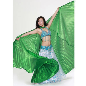 Belly Dance Isis Wings Costume for Women, Gold Pleated Lame Fabric, Includes Headpiece, Top, Pants, and Hip Scarf