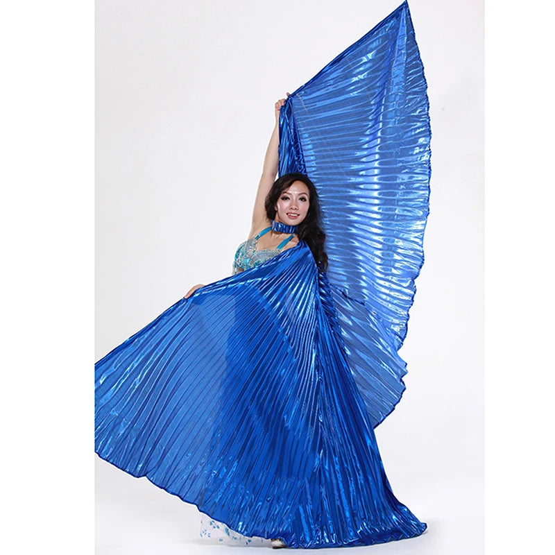 Belly Dance Isis Wings Costume for Women, Gold Pleated Lame Fabric, Includes Headpiece, Top, Pants, and Hip Scarf