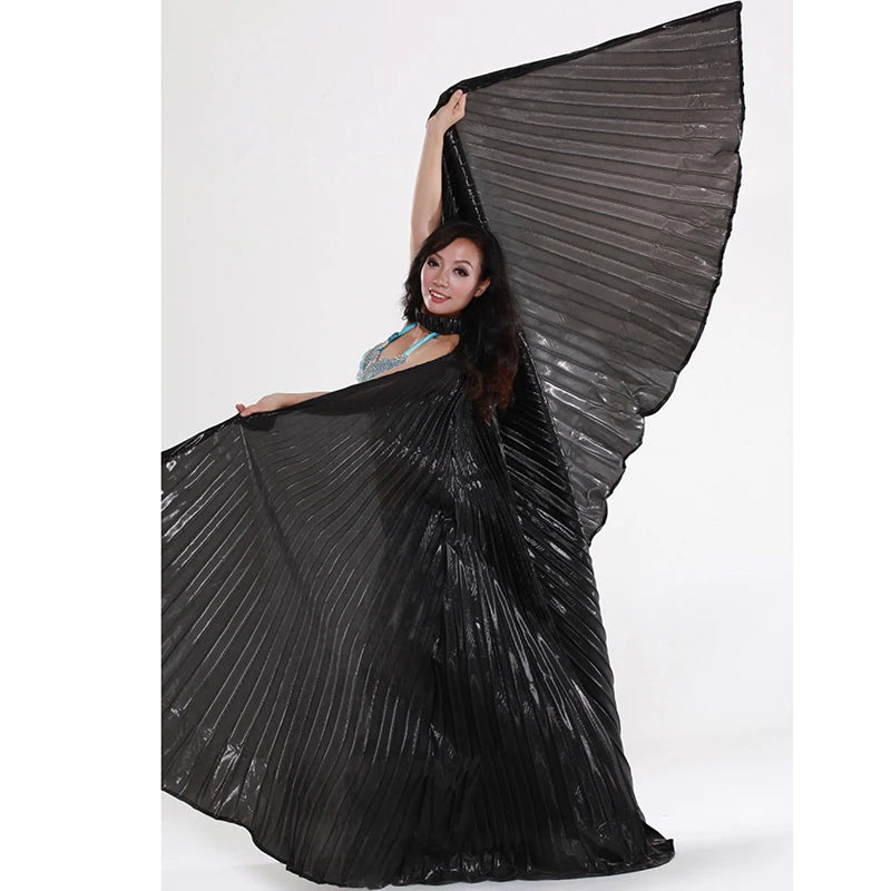 Belly Dance Isis Wings Costume for Women, Gold Pleated Lame Fabric, Includes Headpiece, Top, Pants, and Hip Scarf