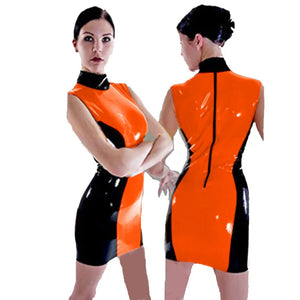 Glossy PVC Patchwork Turtleneck Sleeveless Sheath Mini Dress Zipper Back Bodycon Dress Evening Multi-Color 7XL