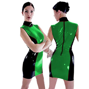 Glossy PVC Patchwork Turtleneck Sleeveless Sheath Mini Dress Zipper Back Bodycon Dress Evening Multi-Color 7XL