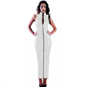 Glossy PVC Bodycon High Neck Front Zip Long Dress Full Sleeve Skinny Pencil Maxi Dress Multi-Color