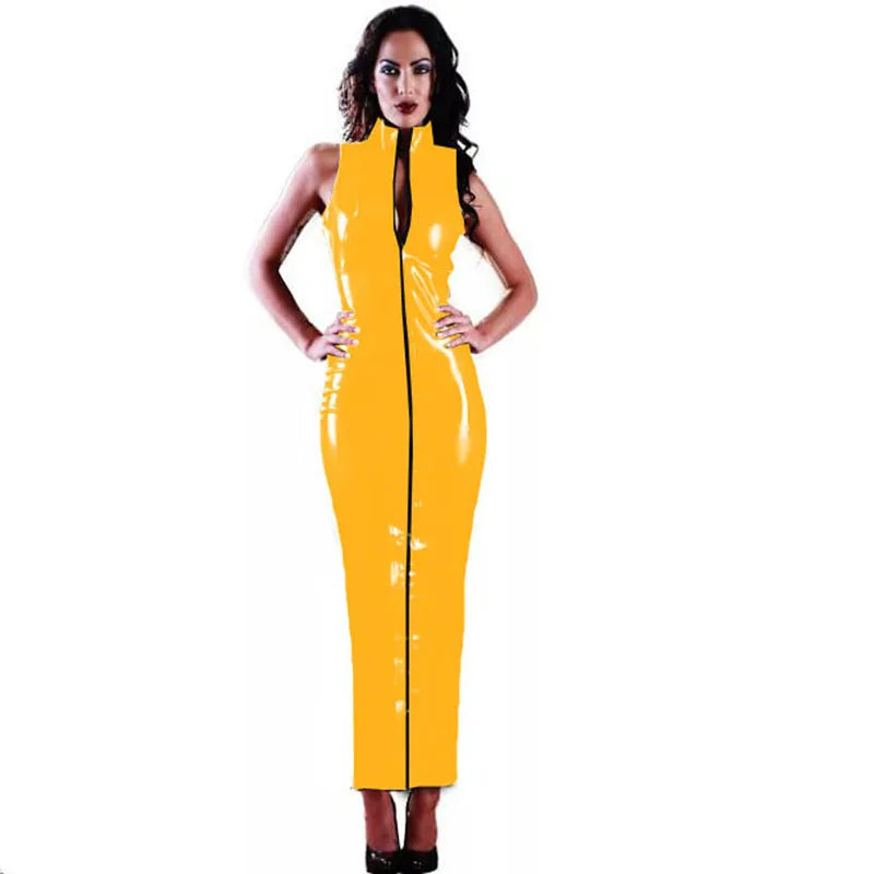 Glossy PVC Bodycon High Neck Front Zip Long Dress Full Sleeve Skinny Pencil Maxi Dress Multi-Color