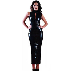 Glossy PVC Bodycon High Neck Front Zip Long Dress Full Sleeve Skinny Pencil Maxi Dress Multi-Color