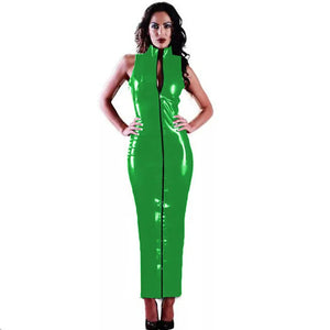 Glossy PVC Bodycon High Neck Front Zip Long Dress Full Sleeve Skinny Pencil Maxi Dress Multi-Color