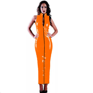 Glossy PVC Bodycon High Neck Front Zip Long Dress Full Sleeve Skinny Pencil Maxi Dress Multi-Color