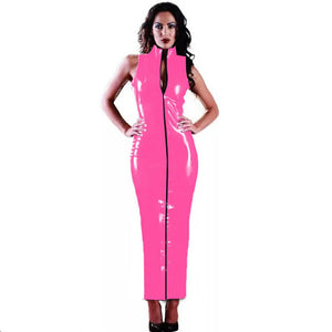 Glossy PVC Bodycon High Neck Front Zip Long Dress Full Sleeve Skinny Pencil Maxi Dress Multi-Color