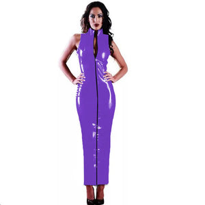 Glossy PVC Bodycon High Neck Front Zip Long Dress Full Sleeve Skinny Pencil Maxi Dress Multi-Color