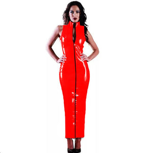 Glossy PVC Bodycon High Neck Front Zip Long Dress Full Sleeve Skinny Pencil Maxi Dress Multi-Color