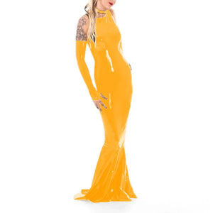 Wet Look PVC Sleeveless Bodycon Mermaid Maxi Dress with Gloves for Women Backless Low Cut Club Wear Evening Party Multi-Color