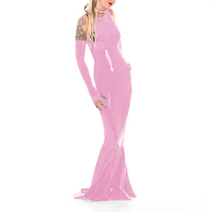 Wet Look PVC Sleeveless Bodycon Mermaid Maxi Dress with Gloves for Women Backless Low Cut Club Wear Evening Party Multi-Color