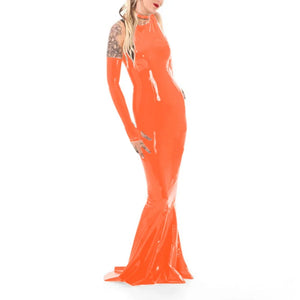 Wet Look PVC Sleeveless Bodycon Mermaid Maxi Dress with Gloves for Women Backless Low Cut Club Wear Evening Party Multi-Color