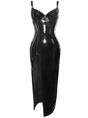 Wet Look Vinyl Faux Latex PVC Maxi Dress with Straps and High Split for Women Multi-Color Club Wear