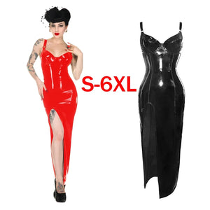 Wet Look Vinyl Faux Latex PVC Maxi Dress with Straps and High Split for Women Multi-Color Club Wear