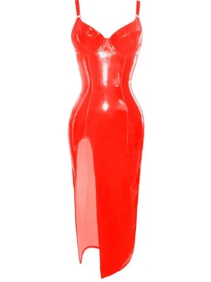 Wet Look Vinyl Faux Latex PVC Maxi Dress with Straps and High Split for Women Multi-Color Club Wear