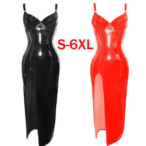 Wet Look Vinyl Faux Latex PVC Maxi Dress with Straps and High Split for Women Multi-Color Club Wear