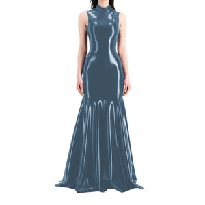 Wet Look PVC Leather Sleeveless Mock Neck Slim Fit Maxi Mermaid Dress with Ruffles for Women - Multi-Color Available