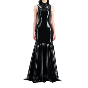 Wet Look PVC Leather Sleeveless Mock Neck Slim Fit Maxi Mermaid Dress with Ruffles for Women - Multi-Color Available