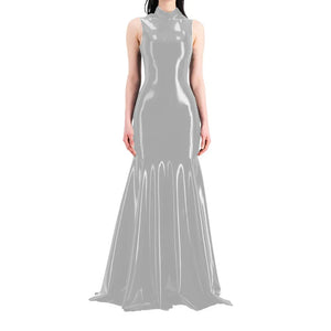 Wet Look PVC Leather Sleeveless Mock Neck Slim Fit Maxi Mermaid Dress with Ruffles for Women - Multi-Color Available