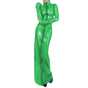 Clear PVC Wetlook Turtleneck Sheath Maxi Dress Full Sleeve Front Zip Pencil Dress Clubwear Multicolor