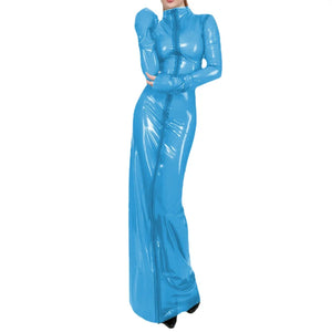 Clear PVC Wetlook Turtleneck Sheath Maxi Dress Full Sleeve Front Zip Pencil Dress Clubwear Multicolor