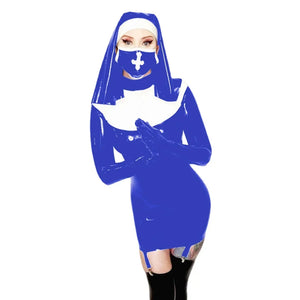 Wetlook PVC Leather Nun Costume Dress with Gloves Bodycon Cosplay Outfit Multicolor 7XL Party Clubwear