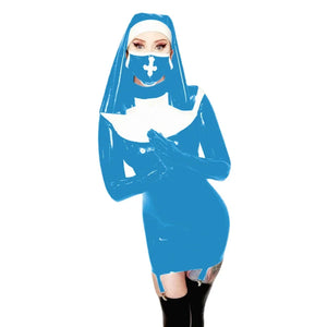 Wetlook PVC Leather Nun Costume Dress with Gloves Bodycon Cosplay Outfit Multicolor 7XL Party Clubwear