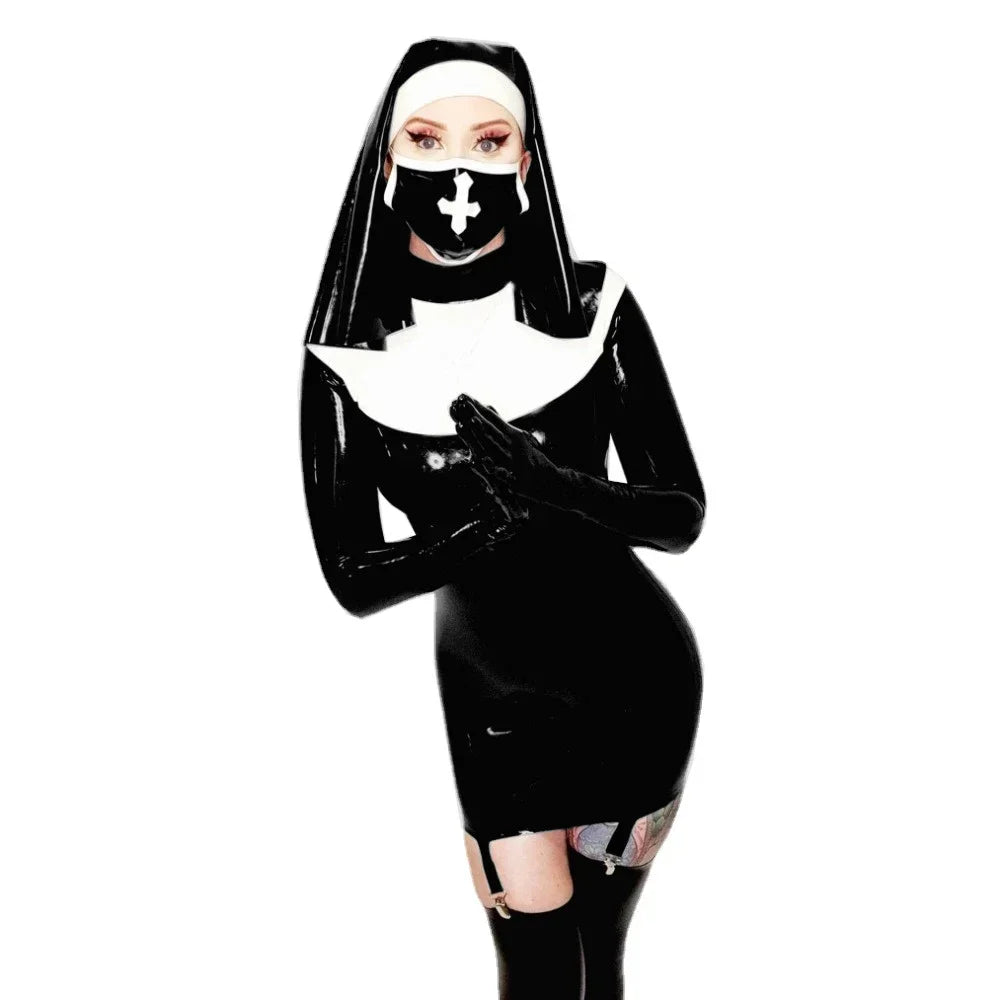 Wetlook PVC Leather Nun Costume Dress with Gloves Bodycon Cosplay Outfit Multicolor 7XL Party Clubwear