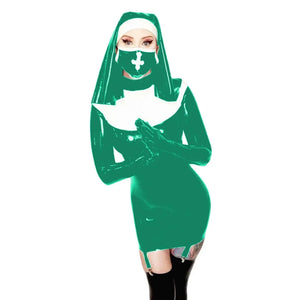 Wetlook PVC Leather Nun Costume Dress with Gloves Bodycon Cosplay Outfit Multicolor 7XL Party Clubwear