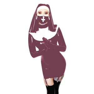 Wetlook PVC Leather Nun Costume Dress with Gloves Bodycon Cosplay Outfit Multicolor 7XL Party Clubwear