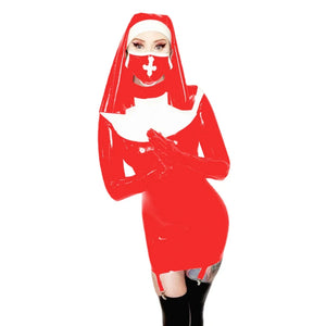 Wetlook PVC Leather Nun Costume Dress with Gloves Bodycon Cosplay Outfit Multicolor 7XL Party Clubwear